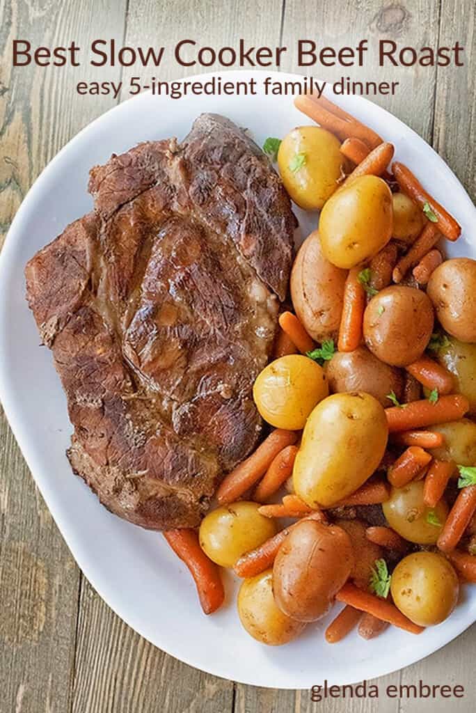 Slow Cooker Roast Beef on a Platter with Baby potatoes and Carrots