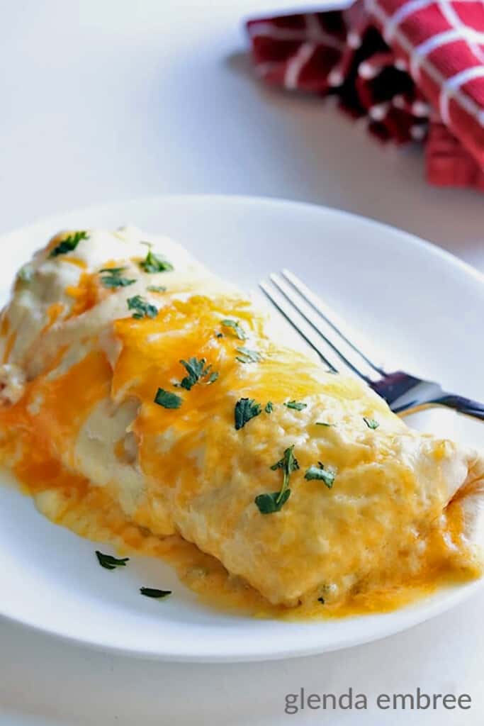 creamy chicken enchilada on a white plate