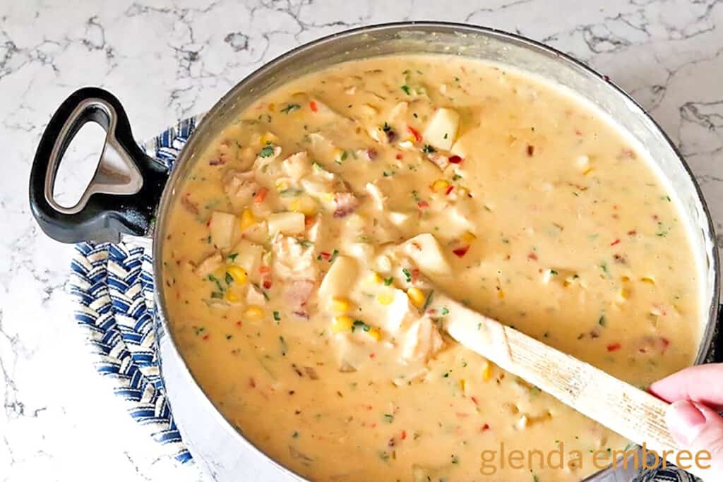 Jalapeno Chicken Corn Chowder completed in a soup pot