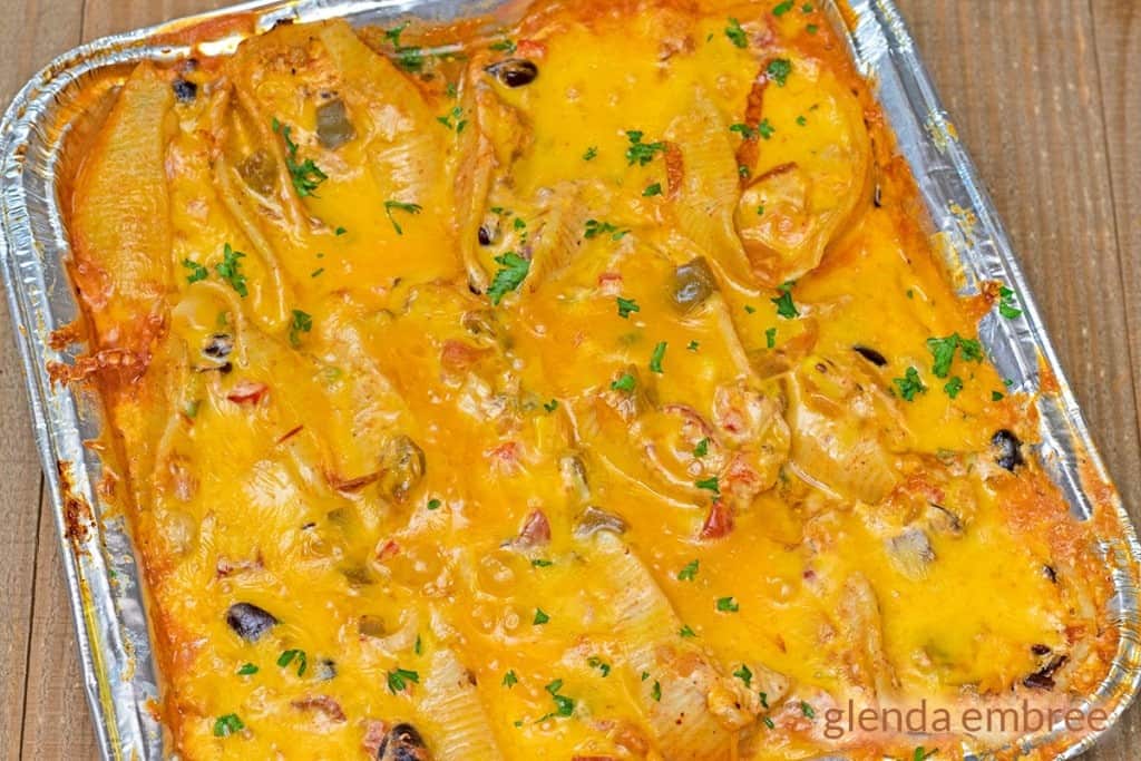 Mexican Chicken Stuffed Shells baked in the pan