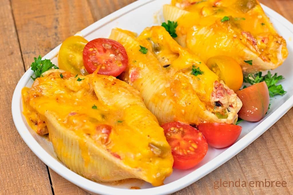 Mexican Chicken Stuffed Shells served in a white bowl