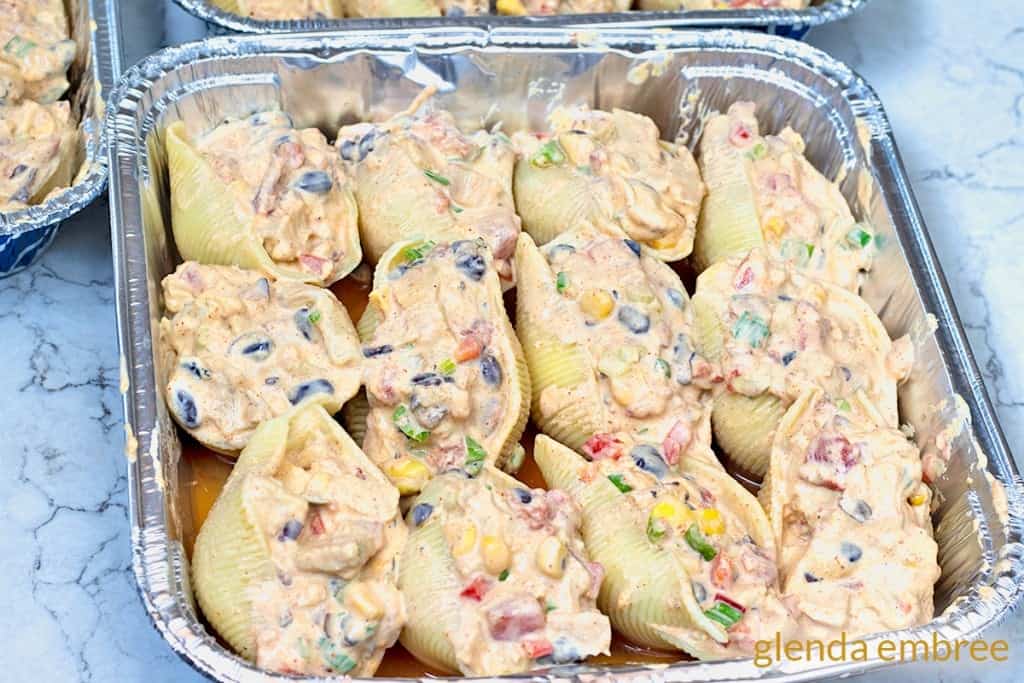 Mexican Chicken stuffed shells filled ready for cheese