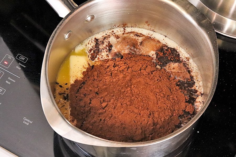 cocoa powder added to melted butter
