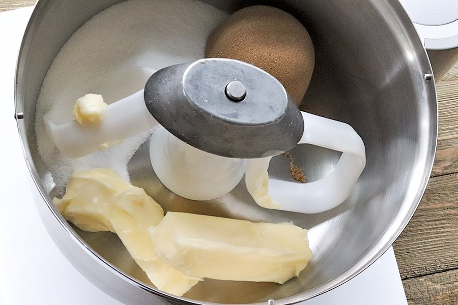 butter and sugars in mixing bowl