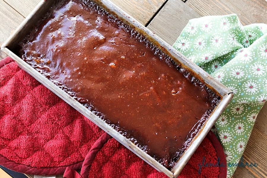 Lipton Onion Soup Meatloaf baked in the pan and topped with Ketchup Brown Sugar Glaze.