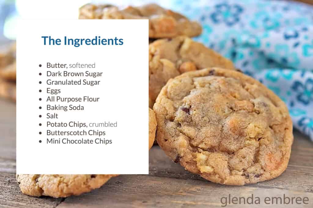 recipe card with potato chip cookie ingredients listed