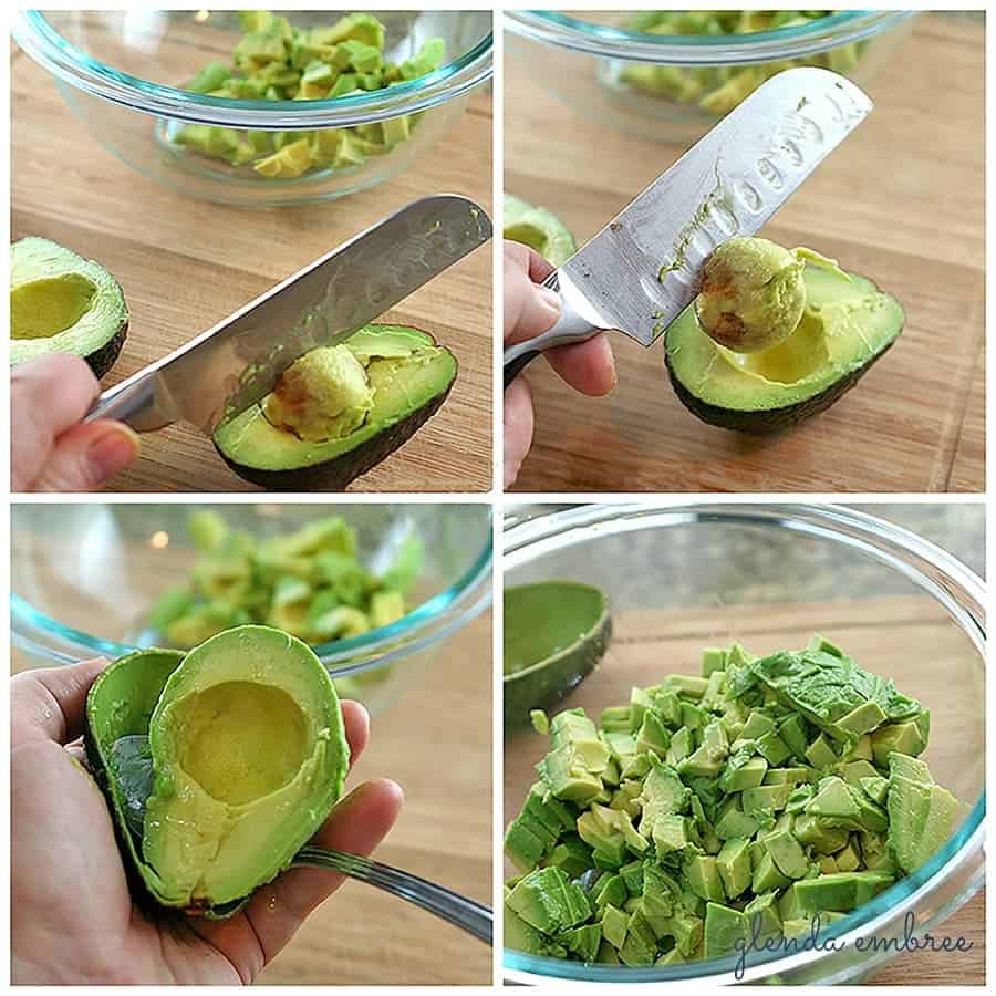 cutting up avocado, removing the pit and taking pulp from shell