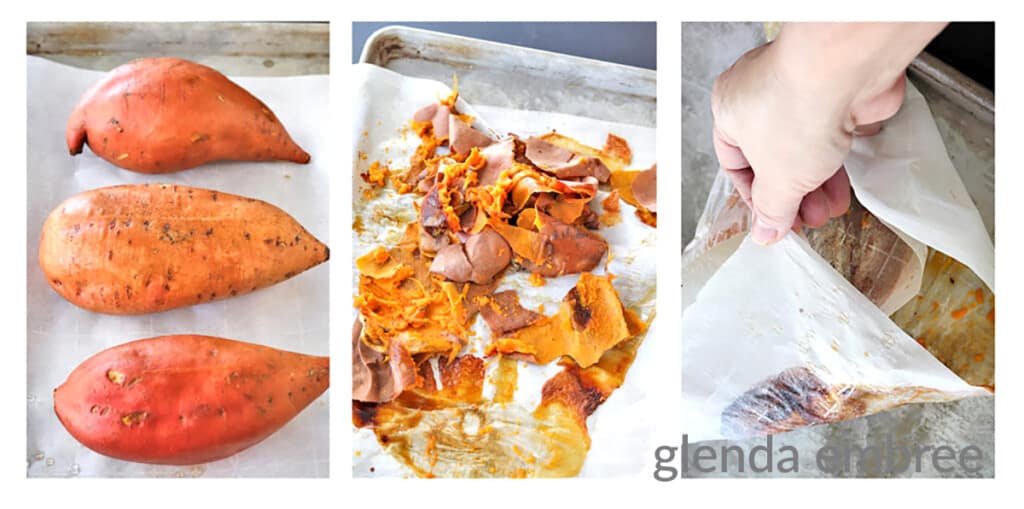 baking sweet potatoes on a sheet tray with parchment paper and peeling them after baking