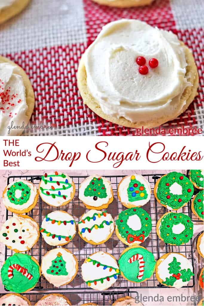 Drop Sugar Cookies collage with one simple design cookie on the top of the image and a tray of more intricately designed cookies below it