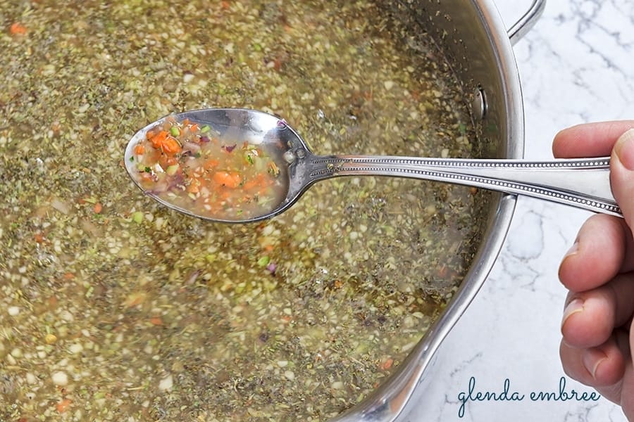 chicken stock and veggies for Zuppa Toscana