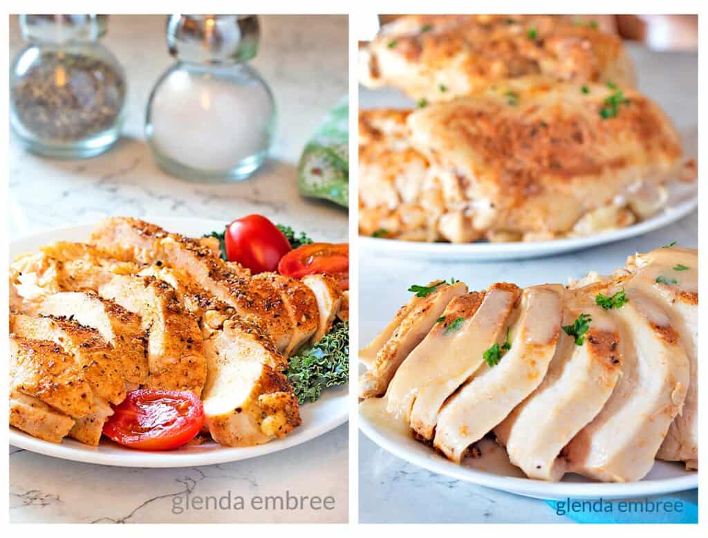 Collage of Perfect Baked Chicken Breasts and Slow Cooker Chicken Breasts images.