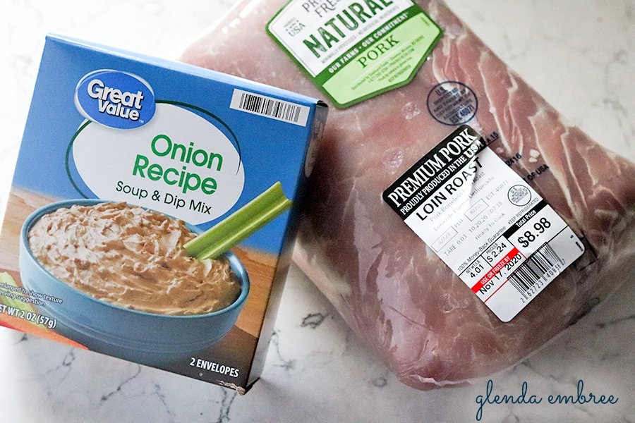 box of onion soup mix and a pork loin roast