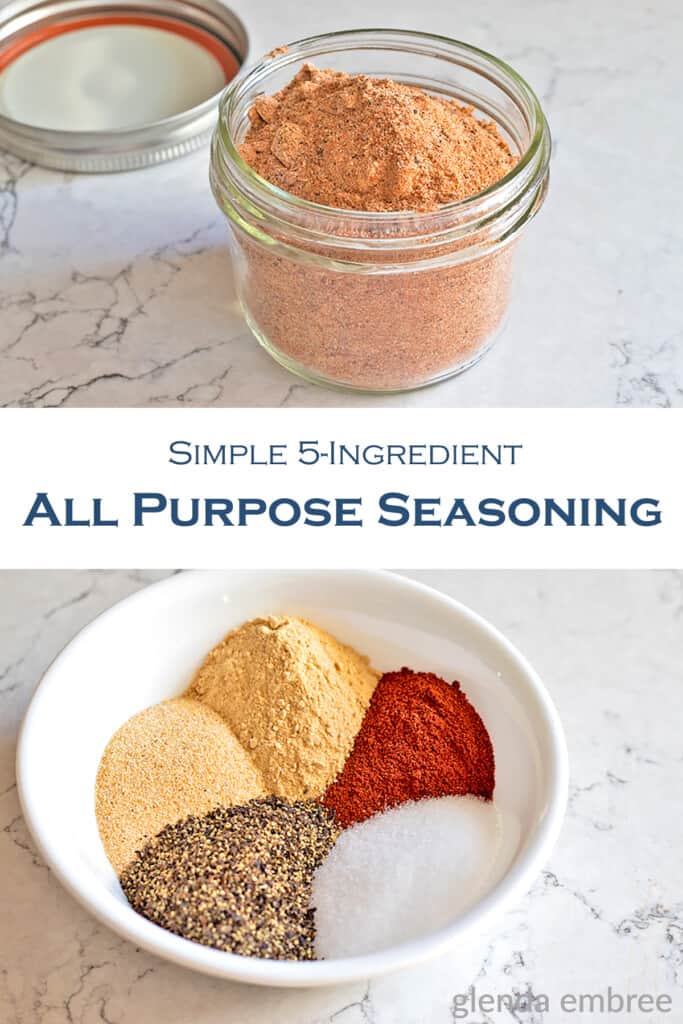homemade all purpose seasoning in a mason jar and image of ingredients measured into a bowl
