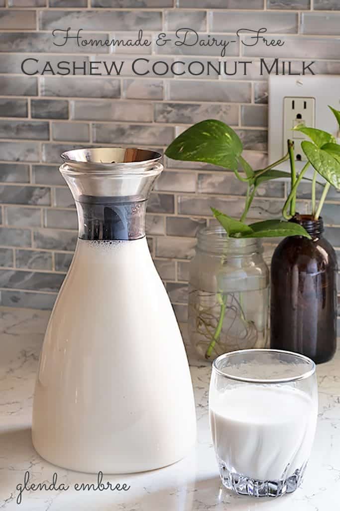 Homemade Cashew Coconut Milk, dairy-free and sugar-free, in a pitcher and in a glass