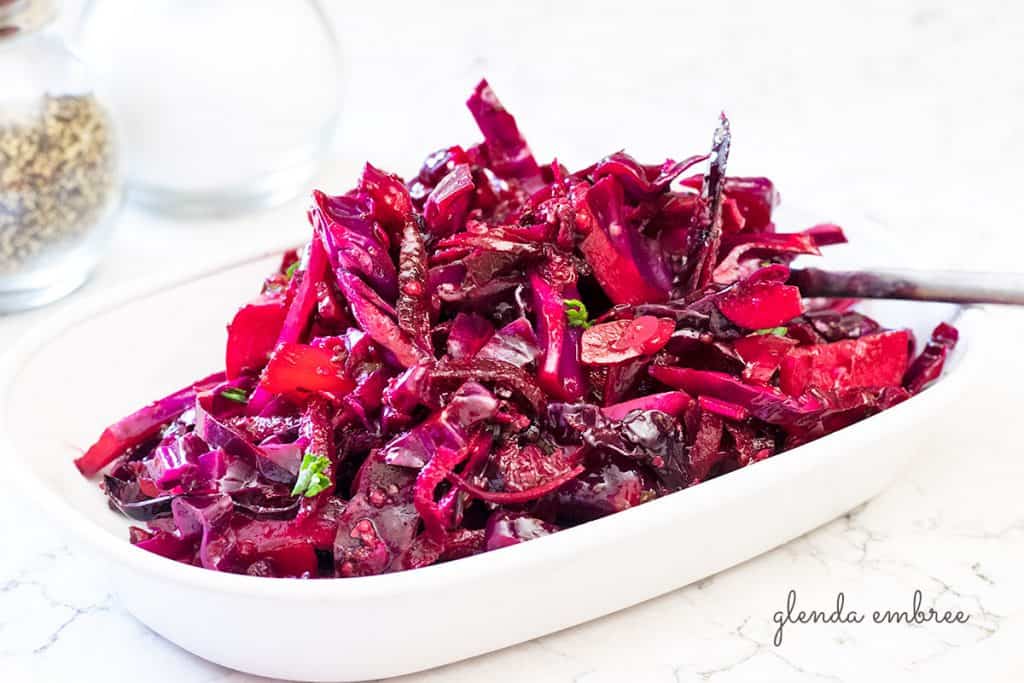 Ruby Coleslaw in white serving dish