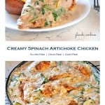 Creamy Spinach Artichoke Chicken: Gluten-Free & Dairy-Free : in a cast iron skillet and served on a plate with baked sweet potato