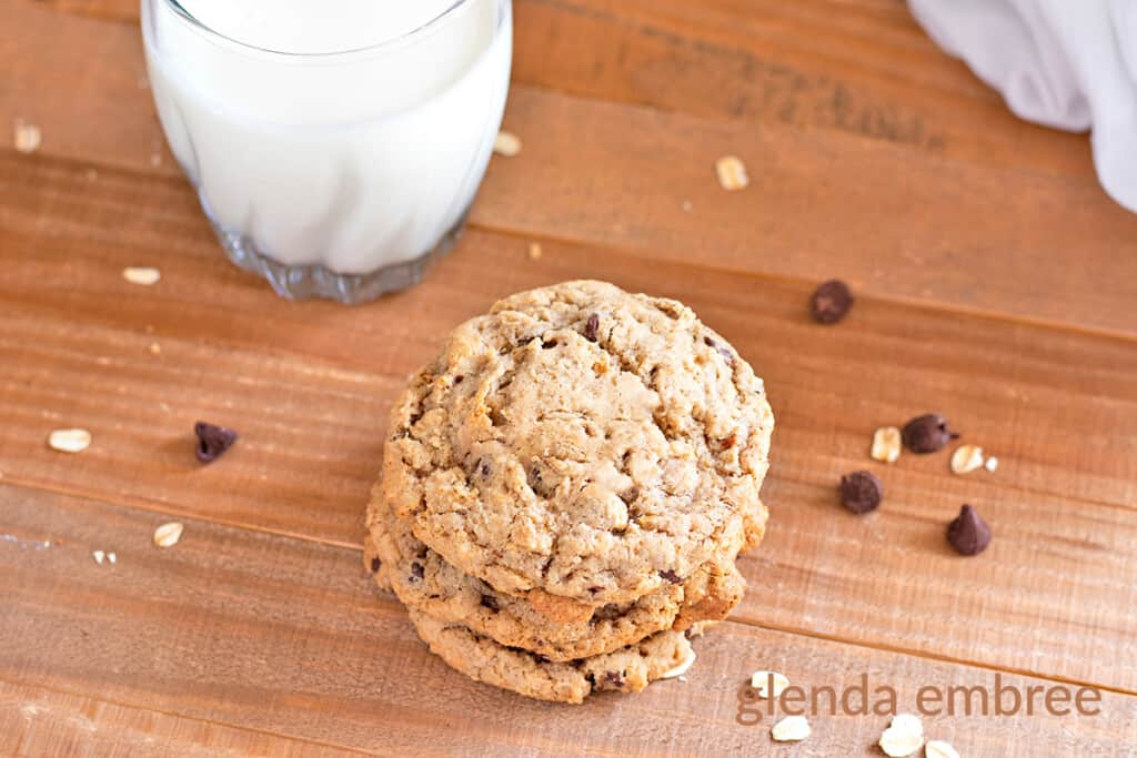 These Oatmeal Chocolate Chip Cookies are made with gluten free flour.