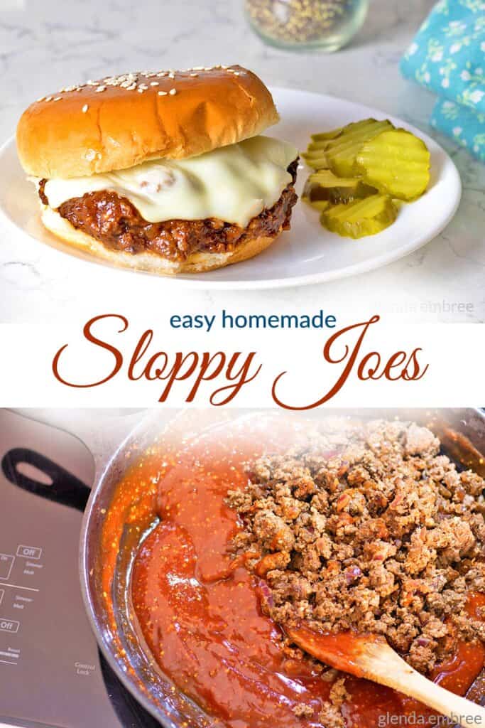 Easy Homemade Sloppy Joes on a plate with cheese and pickles and being cooked in a cast iron skillet