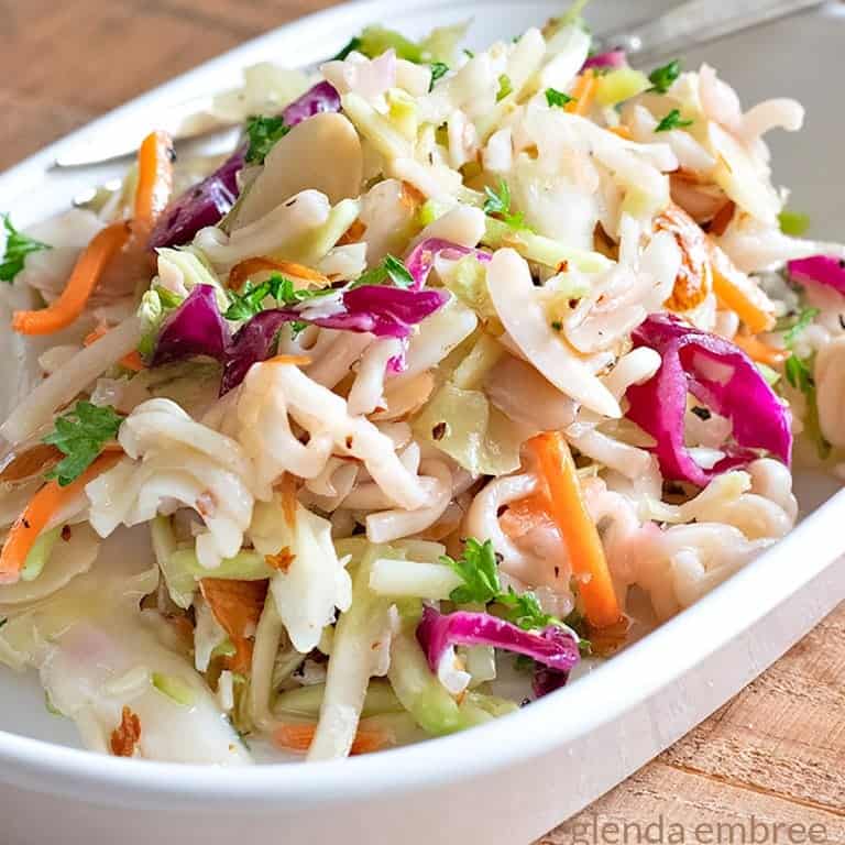 Broccoli Ramen Coleslaw in a white bowl