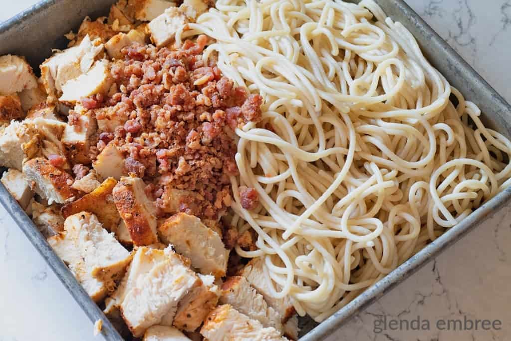chicken, bacon and spaghetti in 9x9 pan