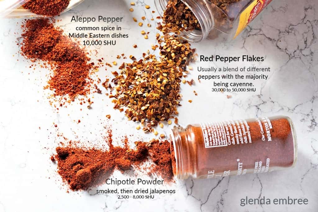 image comparing dried chilies, aleppo pepper, red pepper flakes and chipotle powder