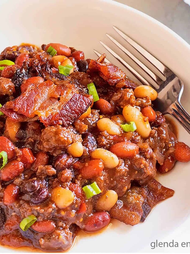 Baked Bean Casserole in a white bowl.