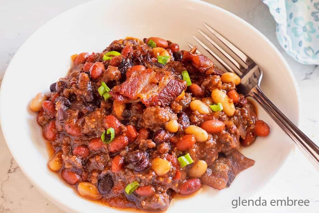 Baked Bean Casserole in a white bowl.