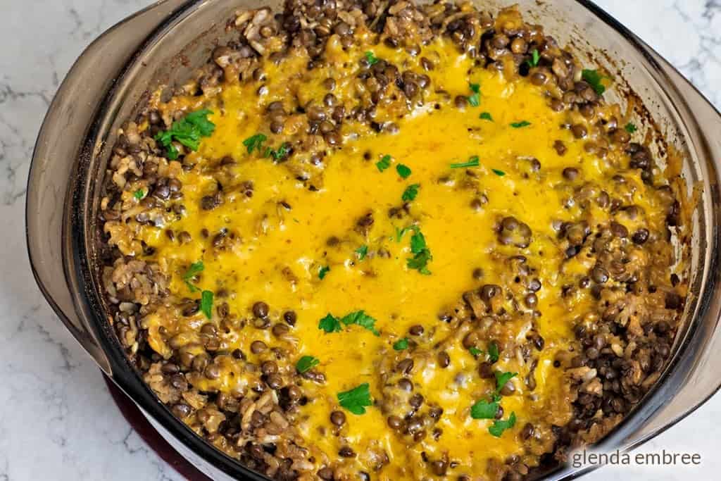 Lentils and Rice Casserole in round baking dish