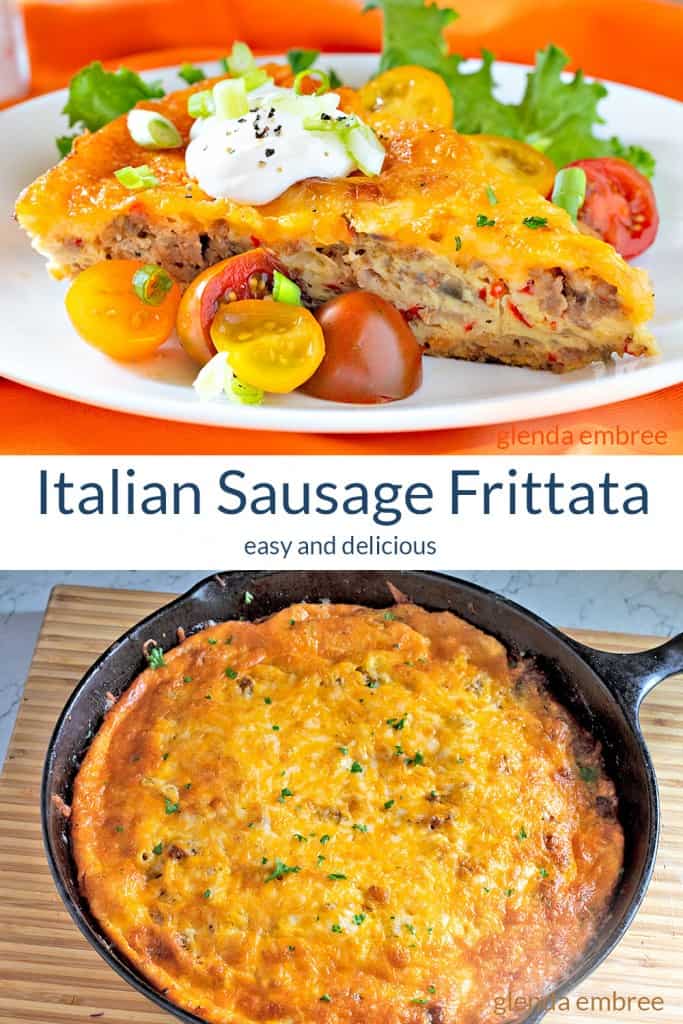 Italian Sausage Frittata, easy frittata on a white plate with veggie garnish