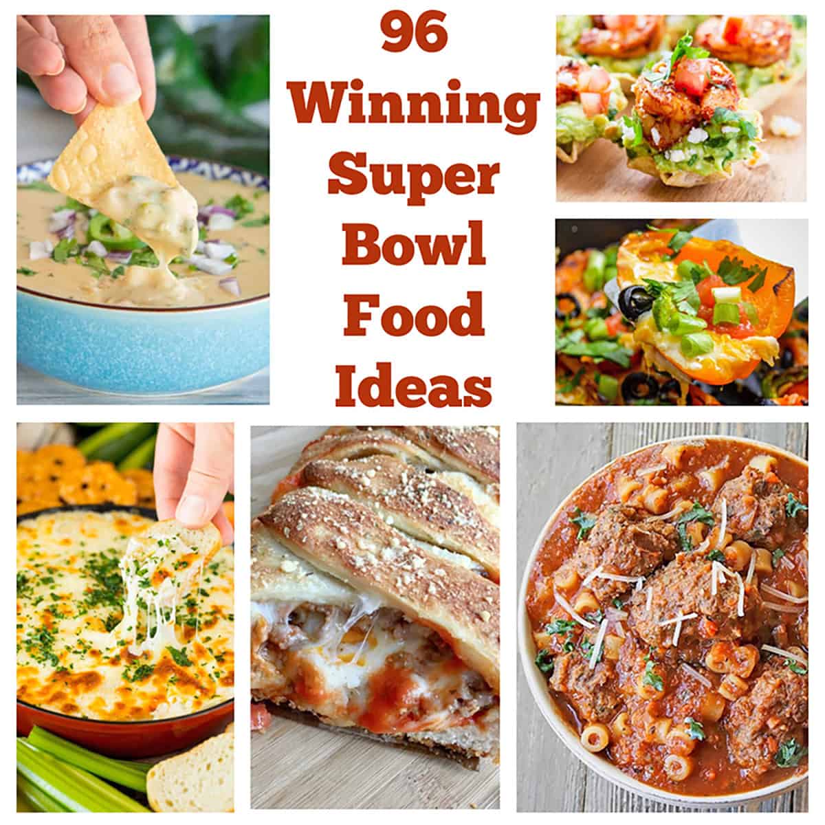 Super Bowl Roundup Food Collage with jalapeno poopers, queso dip, artichoke dip, pizza bread, meatball stew, bell pepper nachos, shili lime shrimp cups and cheeseball in the shape of a football
