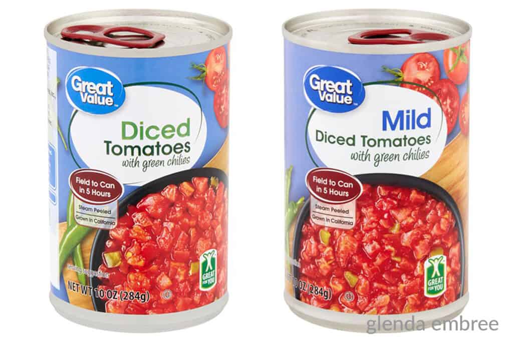 original and mild cans of tomatoes with green chilies