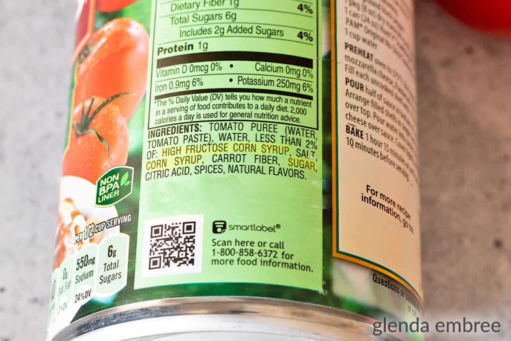 spaghetti sauce label showing three different types of added sugar