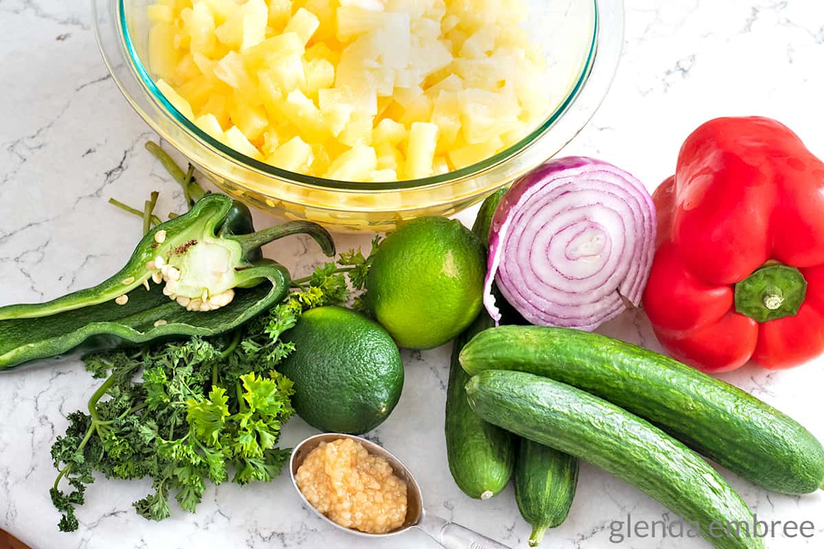 ingredients for pineapple salsa to top pineapple chicken rice bowls
