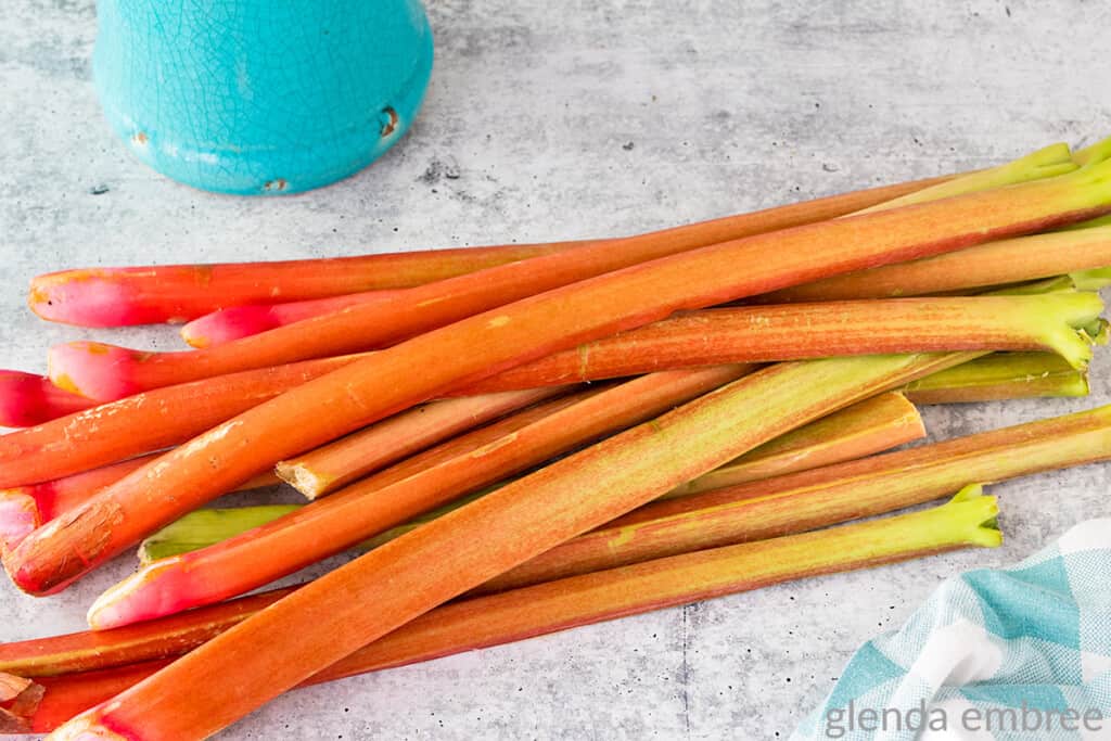 fresh rhubarb stalks on a concrete counter next to a blue and white fabric napkin