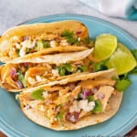 Chicken Street Tacos on a blue stoneware plate