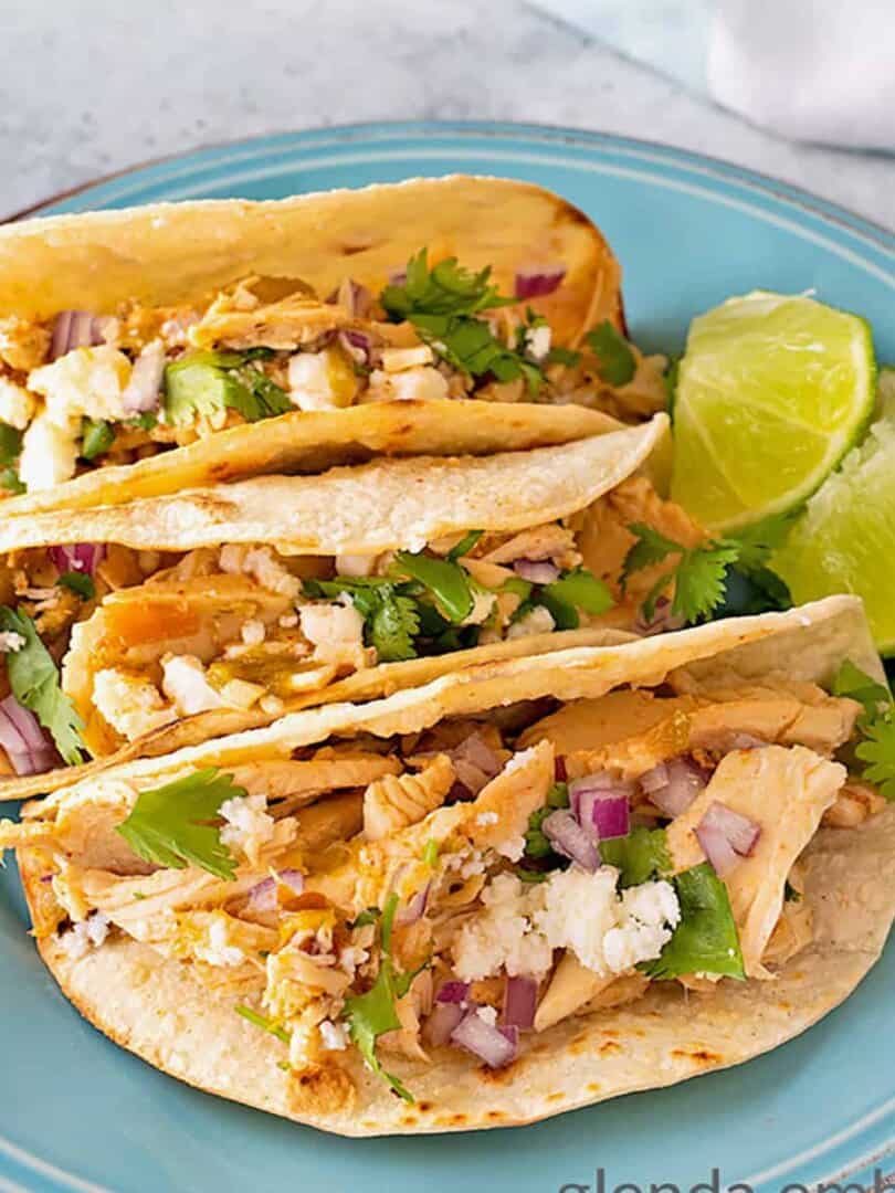 Chicken Street Tacos on a blue stoneware plate