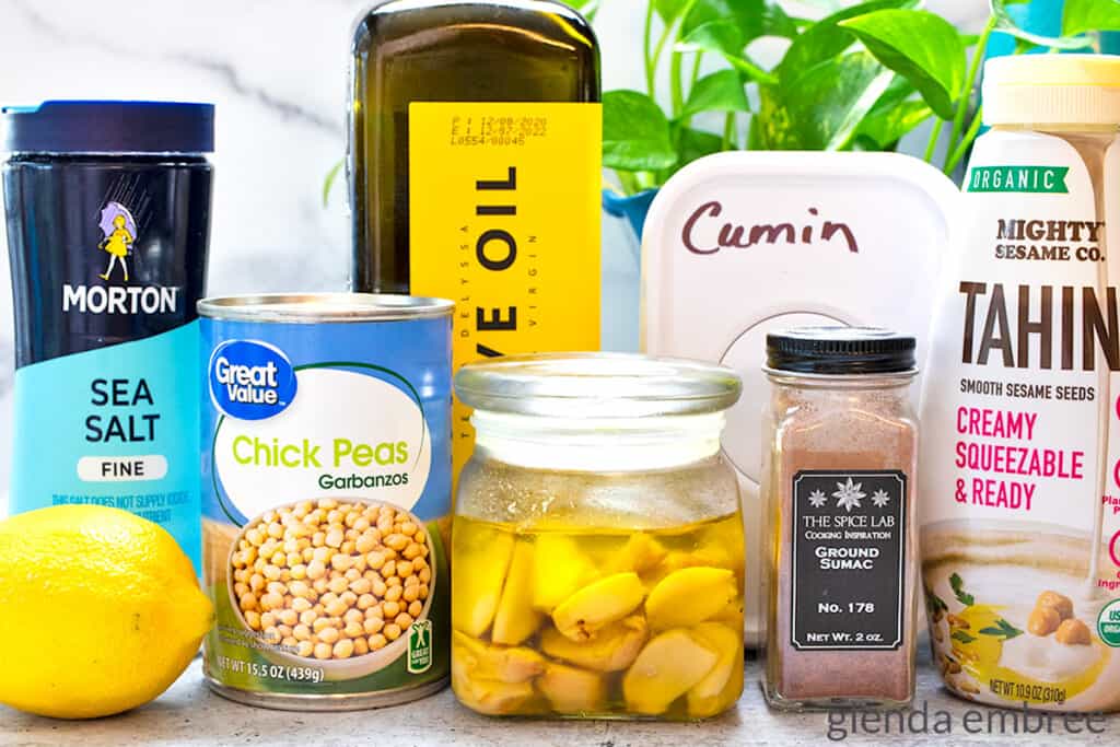 ingredients for creamy hummus with roasted garlic