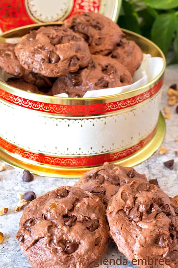 double fudge chocolate malt cookies with black walnuts in an antique tin with black walnuts and chocolate chips strewn about the counter