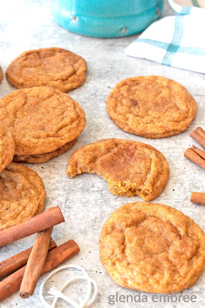chai spiced pumpkin snickerdoodles on a concrete counter with one cookie having a bite out of it