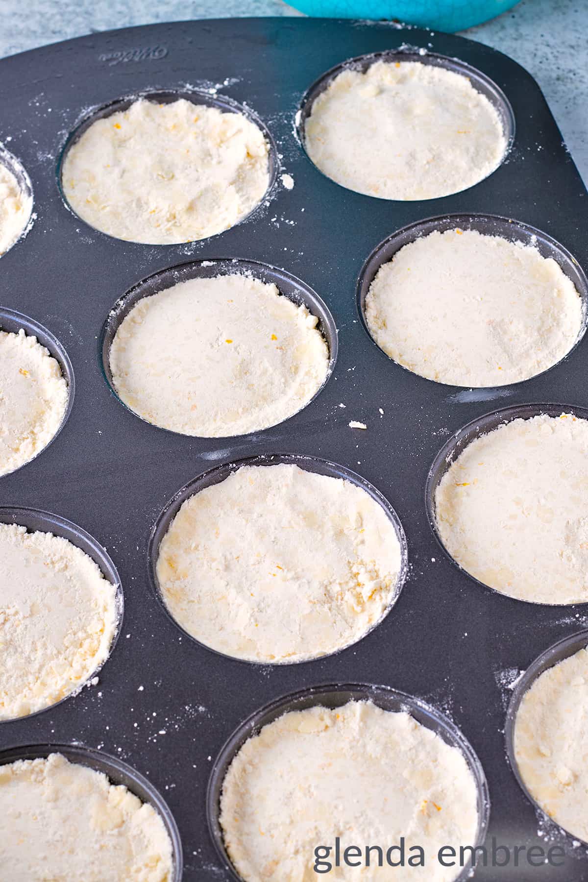 shortbread cookie dough pressed into whoopie pie pan