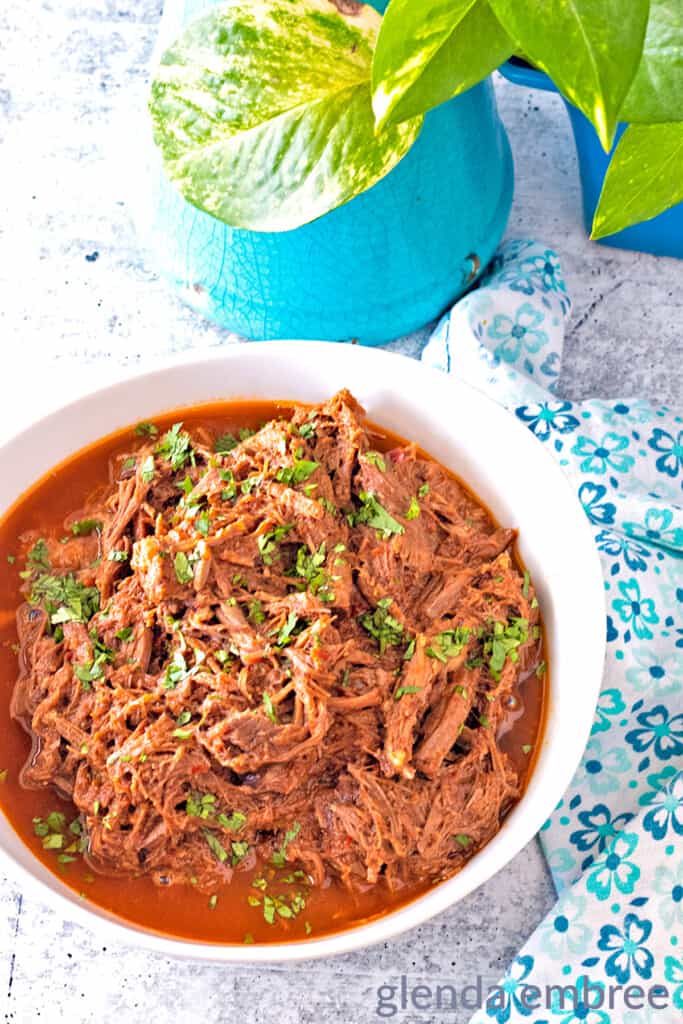 Mexican Shredded beef in a with chopped cilantro in a white oval stoneware bowl