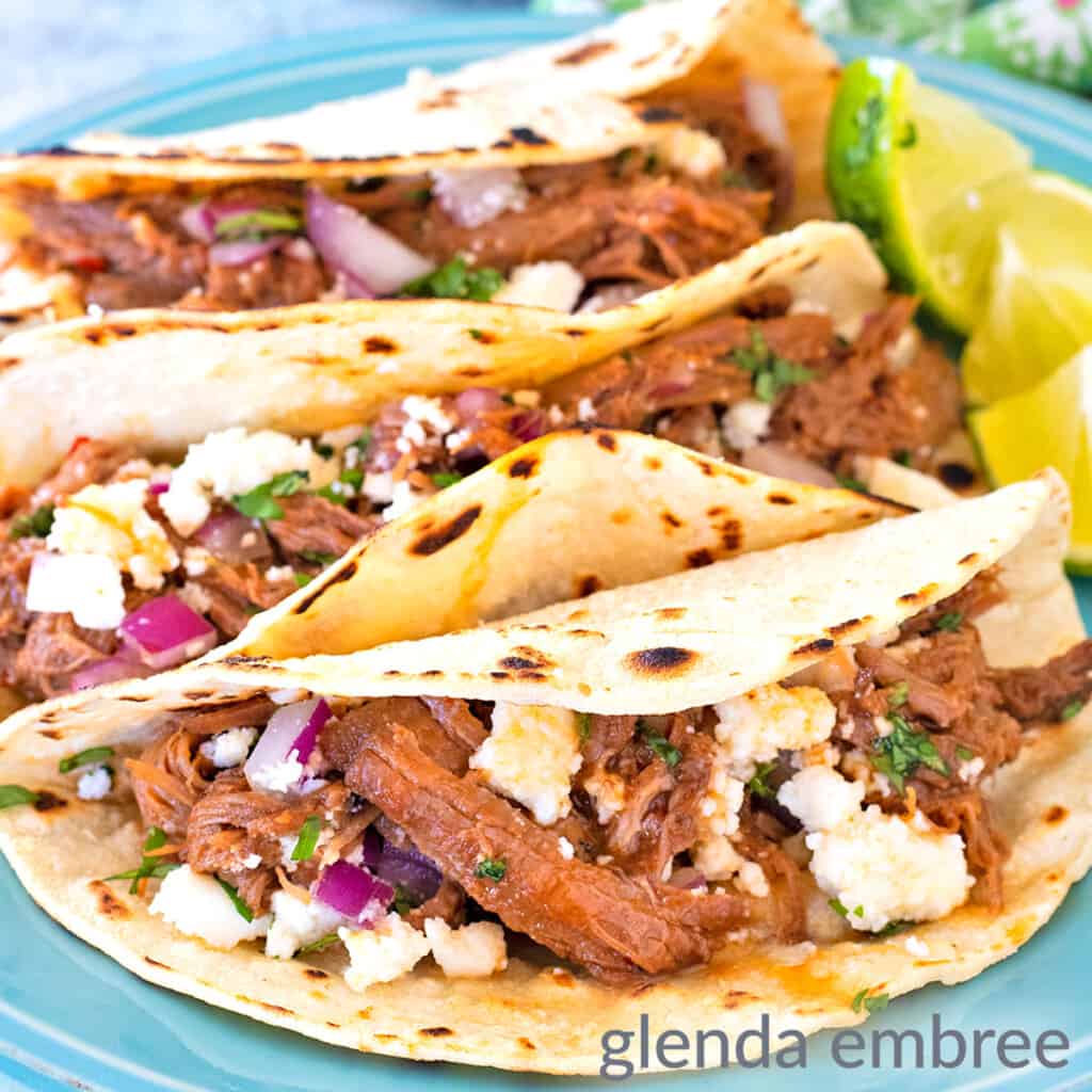 Mexican Street Tacos on a blue stoneware plate