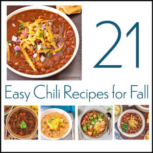 Chili Round Up Collage that says 21 Easy Chili Recipes for Fall and has five images of random bowls of chili