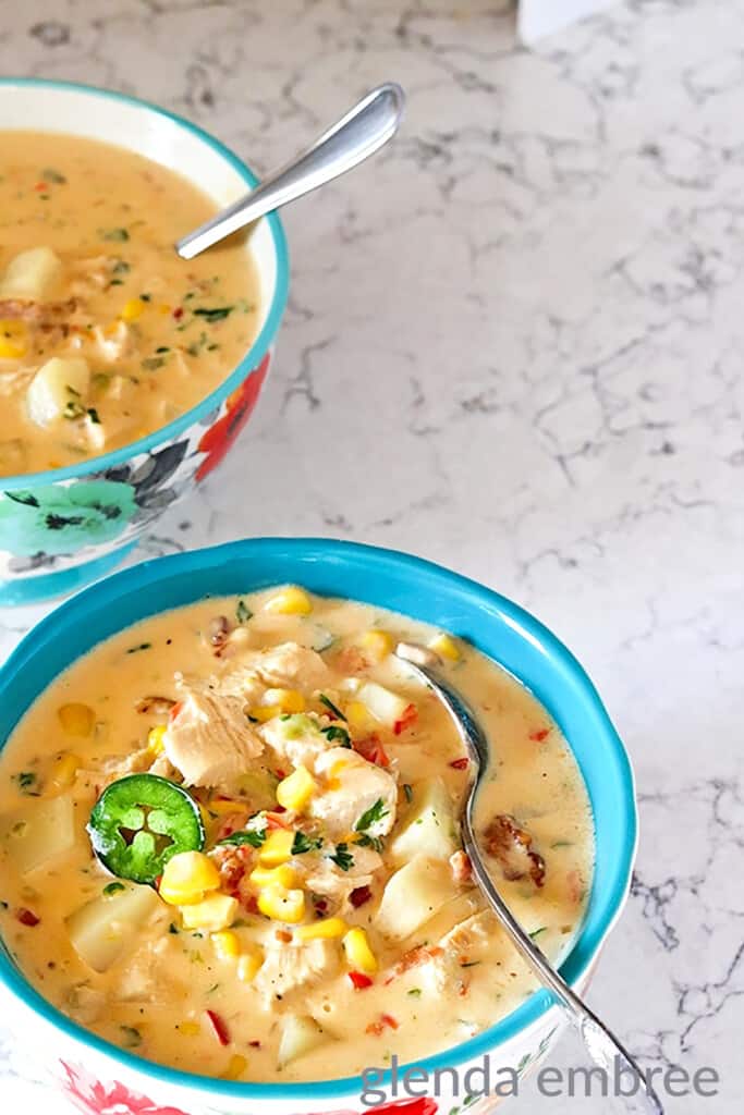 serving jalapeno chicken and corn chowder