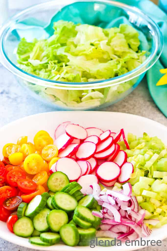 A platter filled with House Salad Ingredients next to a bowl of Romaine and Iceburg lettuce.  The platter contains sliced radishes, cucumbers, celery grape tomatoes and red onion slivers.