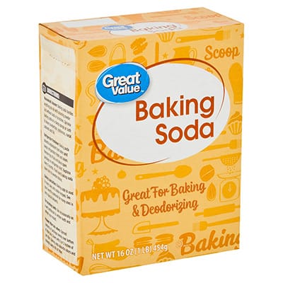 box of baking soda.  Box is gold with blue accents.
