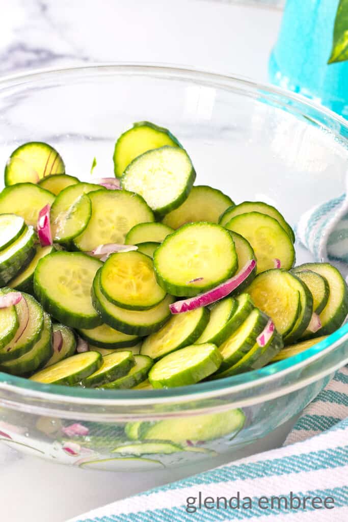 Salted Cucumber Slices and Onion Slivers in a clear glass bowl. All moisture has been drained off.