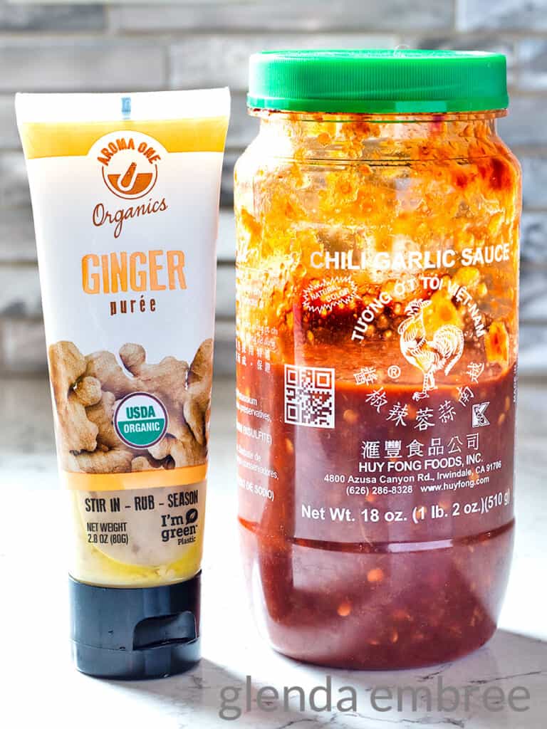 chili garlic sauce and a tube of fresh ginger puree