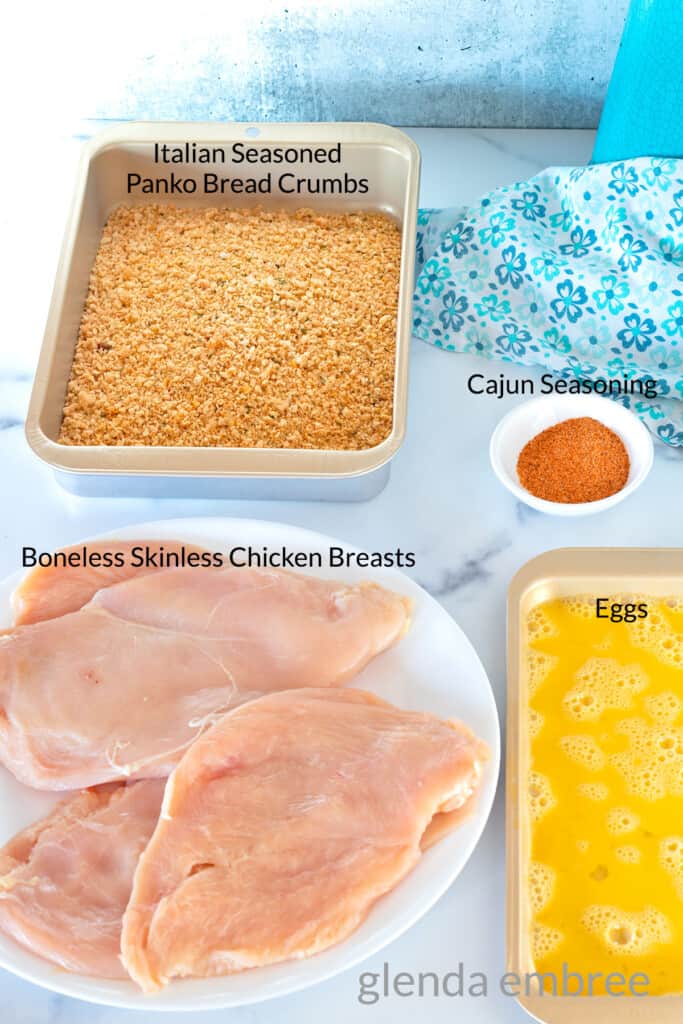 Chicken Cutlet recipe ingredients: Boneless Skinless Chicken Breast, Eggs, Cajun Seasoning, and Panko Bread Crumbs