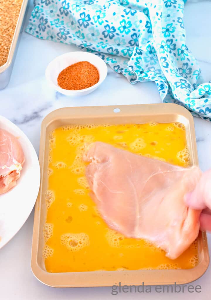 Egg dipping station for breading Chicken Cutlets